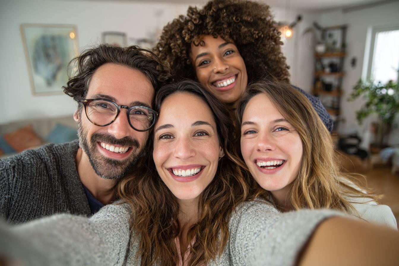 Group of friends laughing and taking selfie together