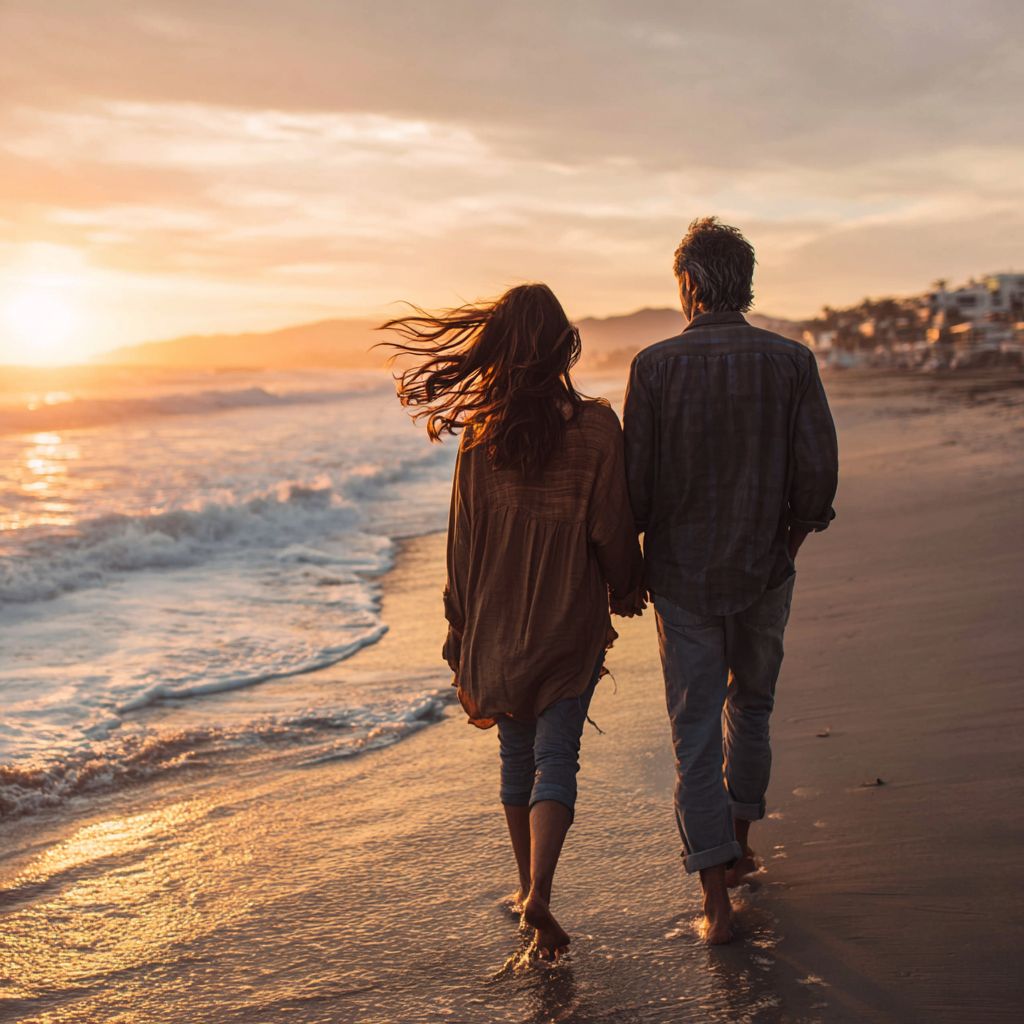 Romantic couple walking on beach at golden hour