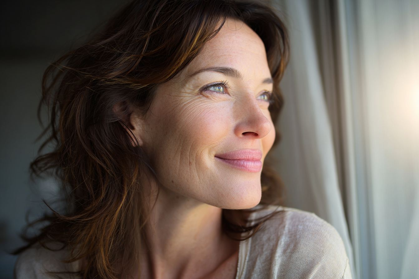 Woman looking peacefully outside window