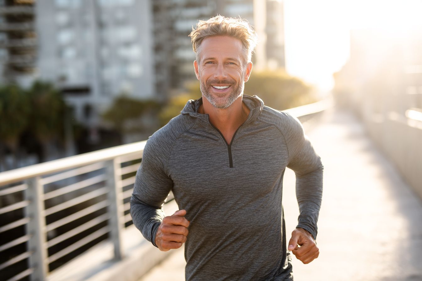 Fit man jogging in morning light showing energy and vitality