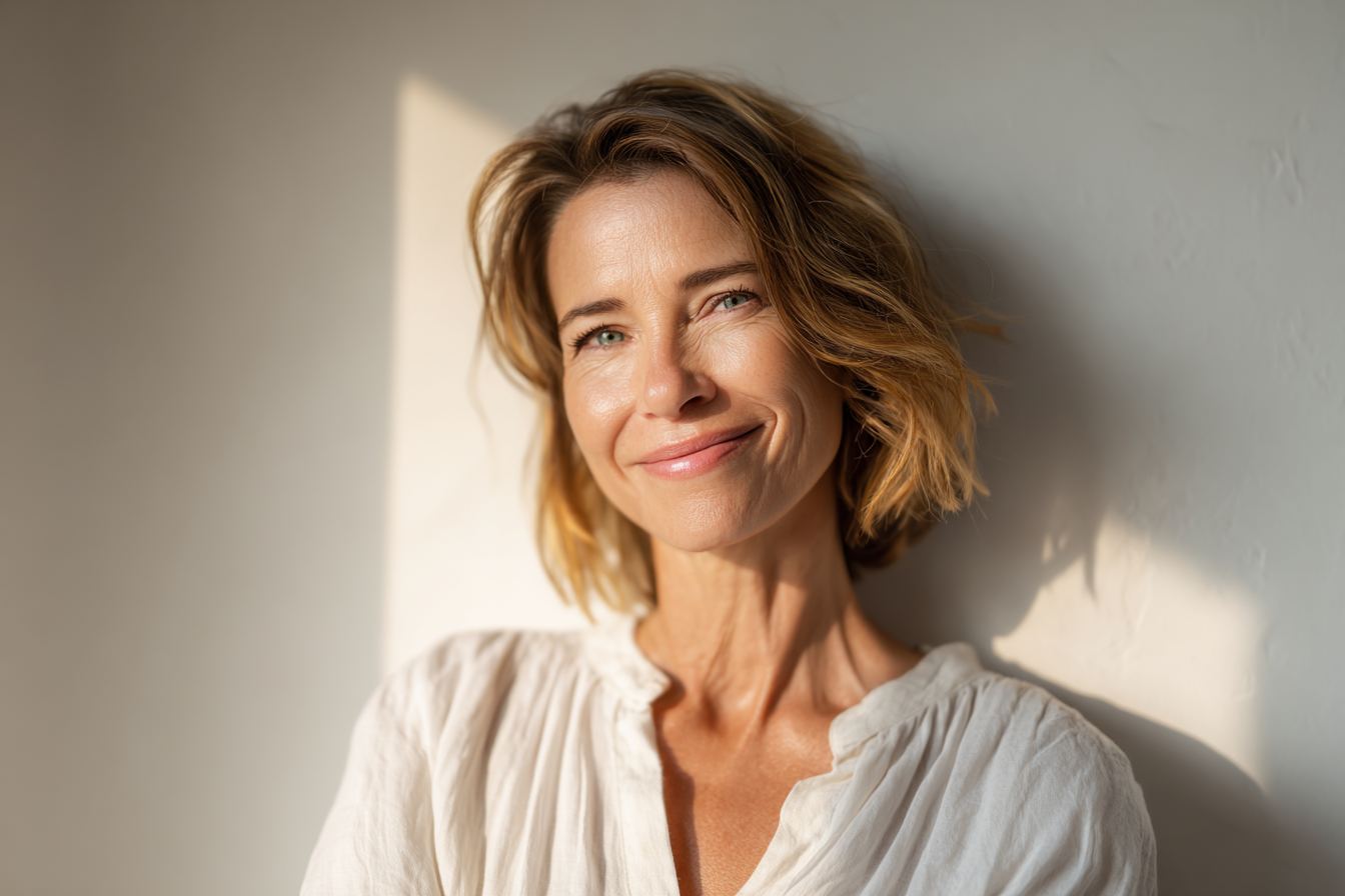 Confident 45-year-old woman smiling softly